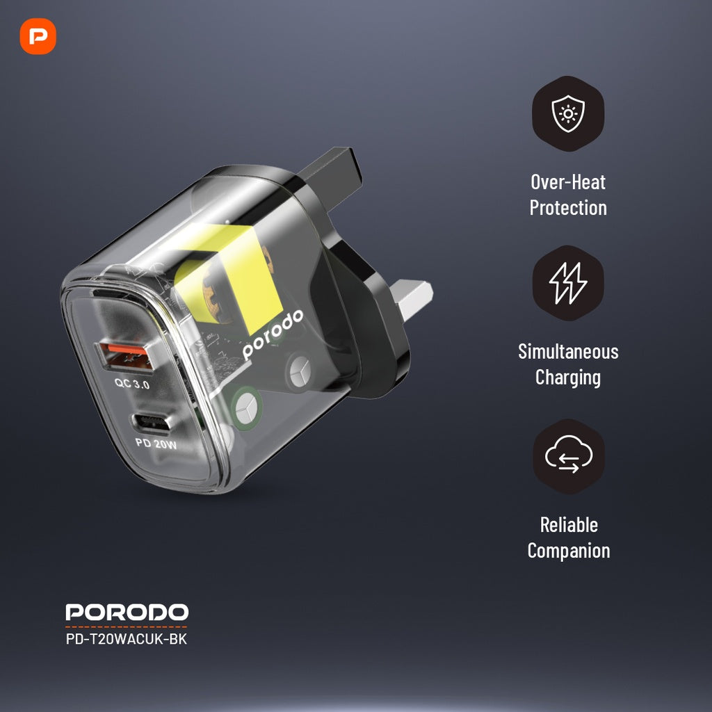 Porodo Dual Output Transparent Quick Charger USB-C PD And USB-A QC UK (PD-T20WACUK-BK) Porodo Dual Output Transparent Quick Charger USB-C PD And USB-A QC UK (PD-T20WACUK-BK)